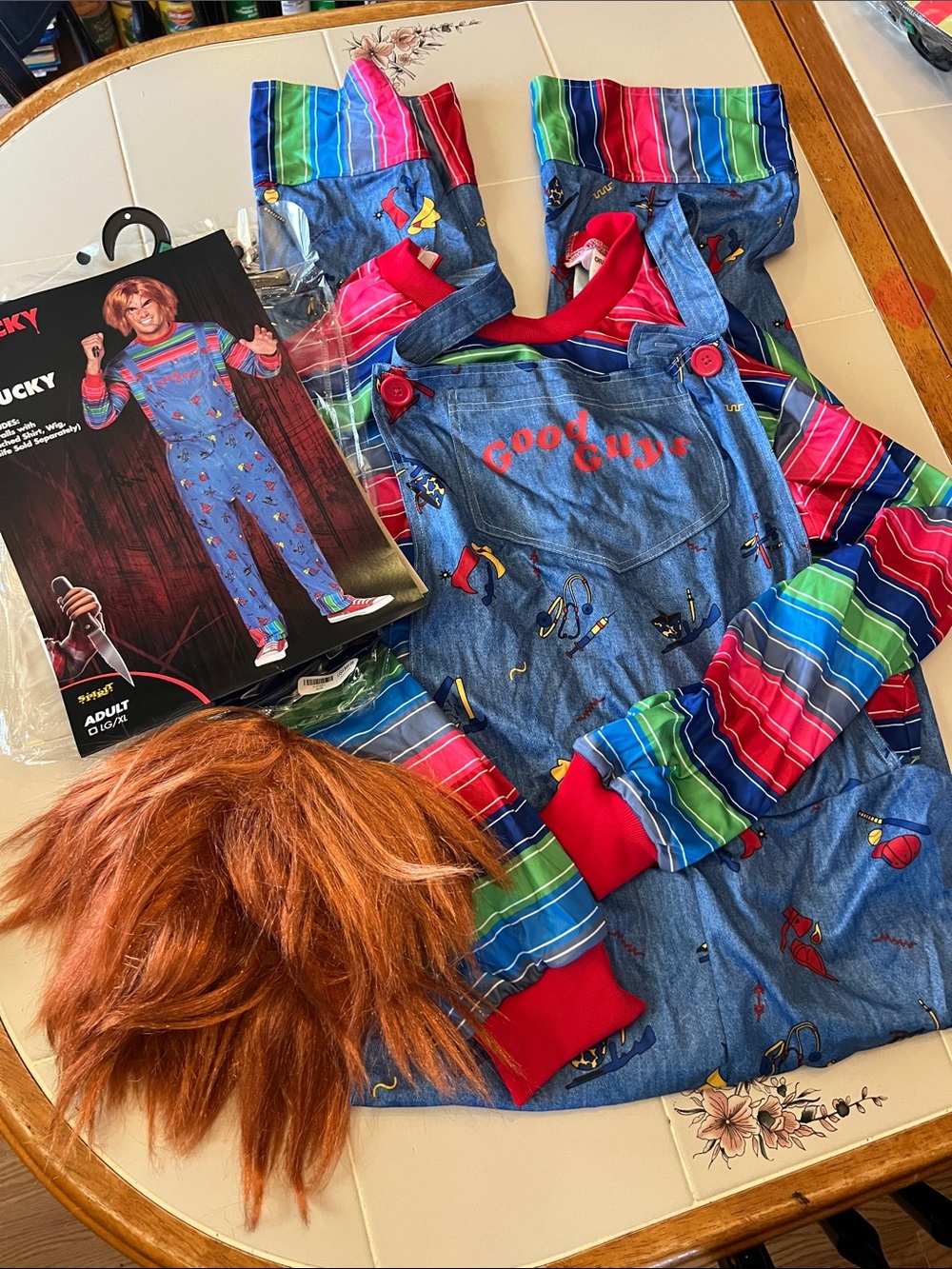 Chucky Horror Costume Overalls with Striped Shirt - Multicolor size large